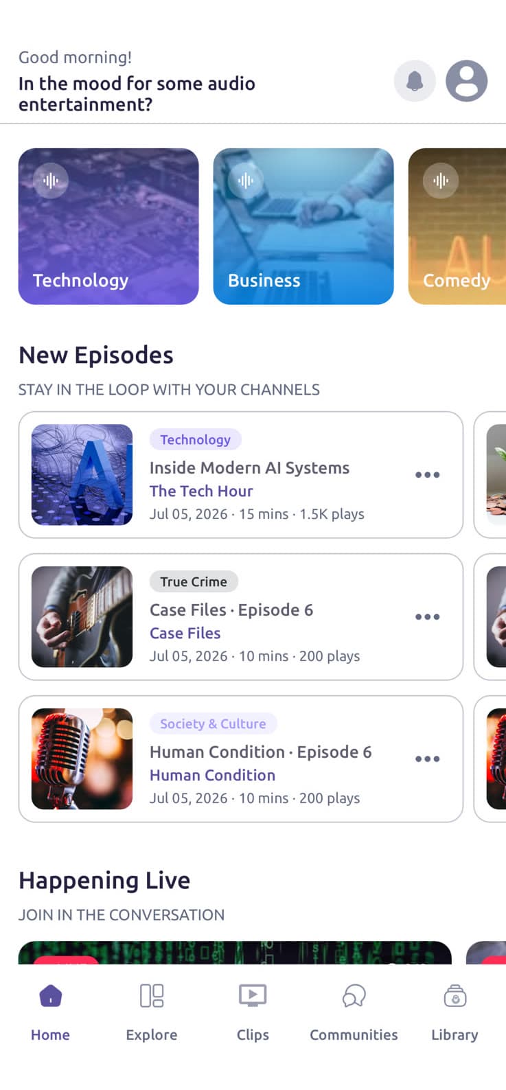 Podzyme app home — categories, new episodes and live rooms