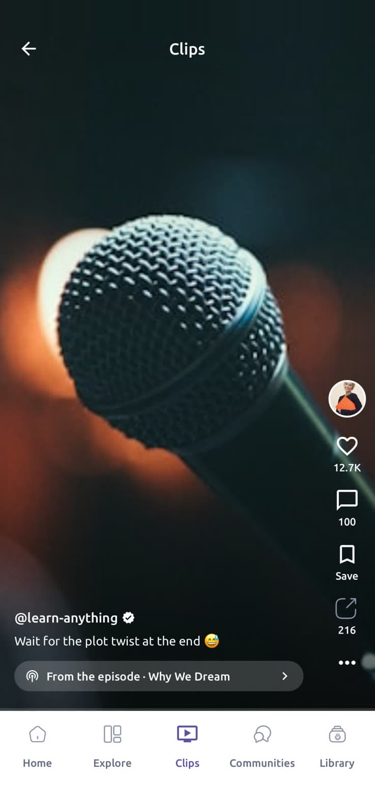 Podzyme clips — vertical swipeable player with likes, comments and saves
