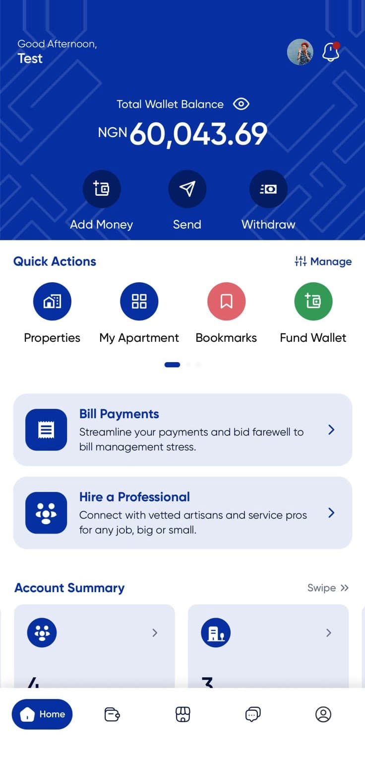 Rentwize app home — wallet balance, quick actions and bill payments