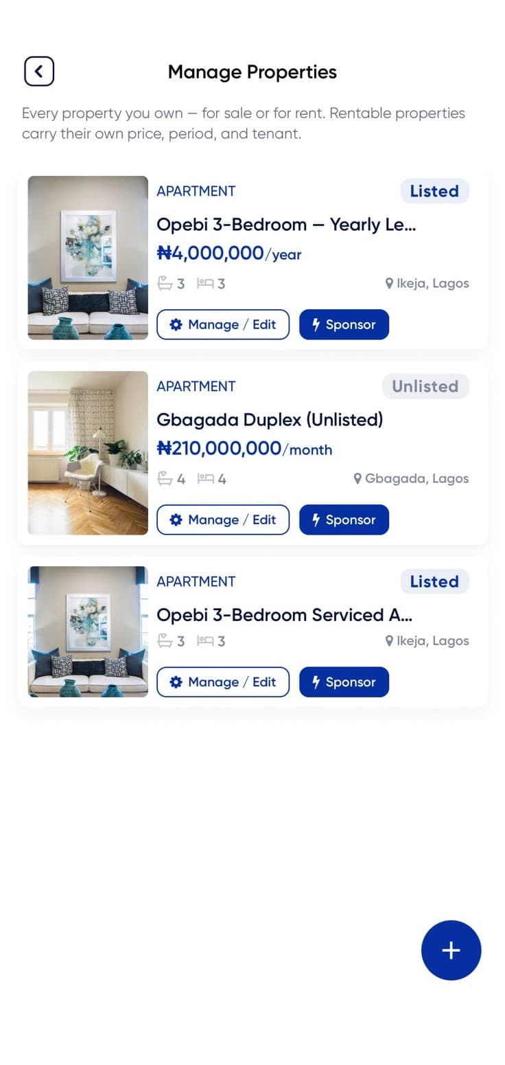 Rentwize app — property management with listing and sponsor controls